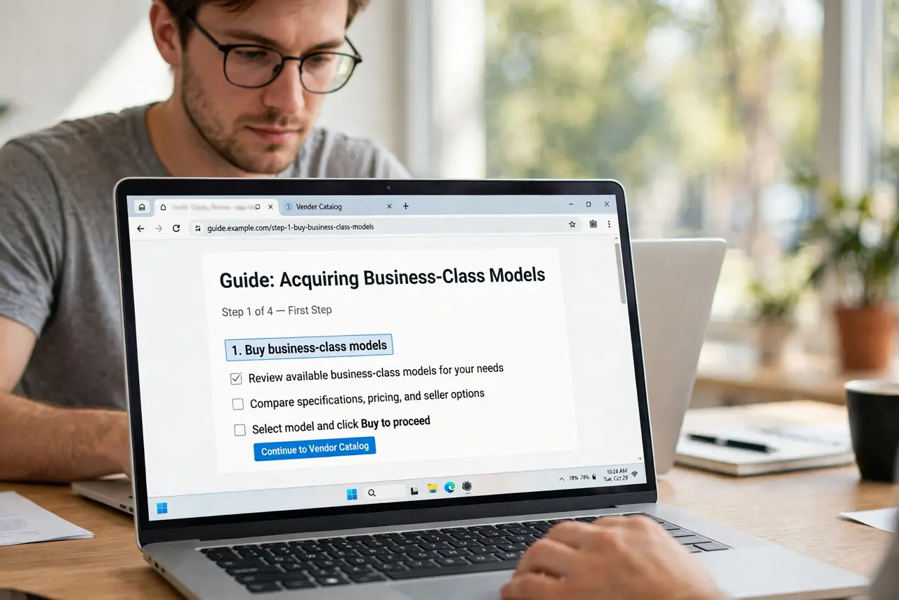 A person doing the guide's first step: Buy business-class models.