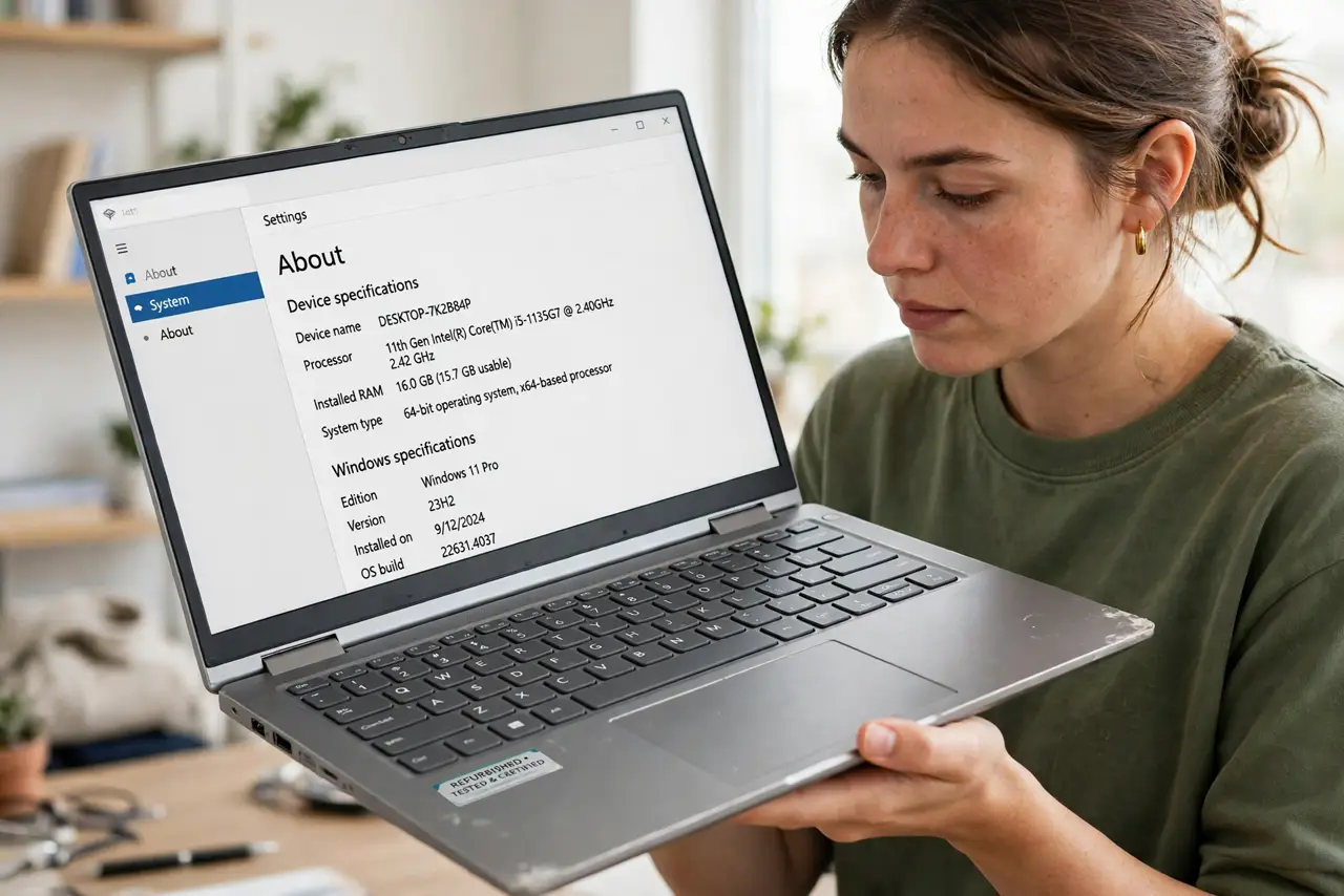 A person inspecting a real refurbished laptop with a legible screen showing system info, holding it at an angle checking the hinge, the person's face focused, bright room.