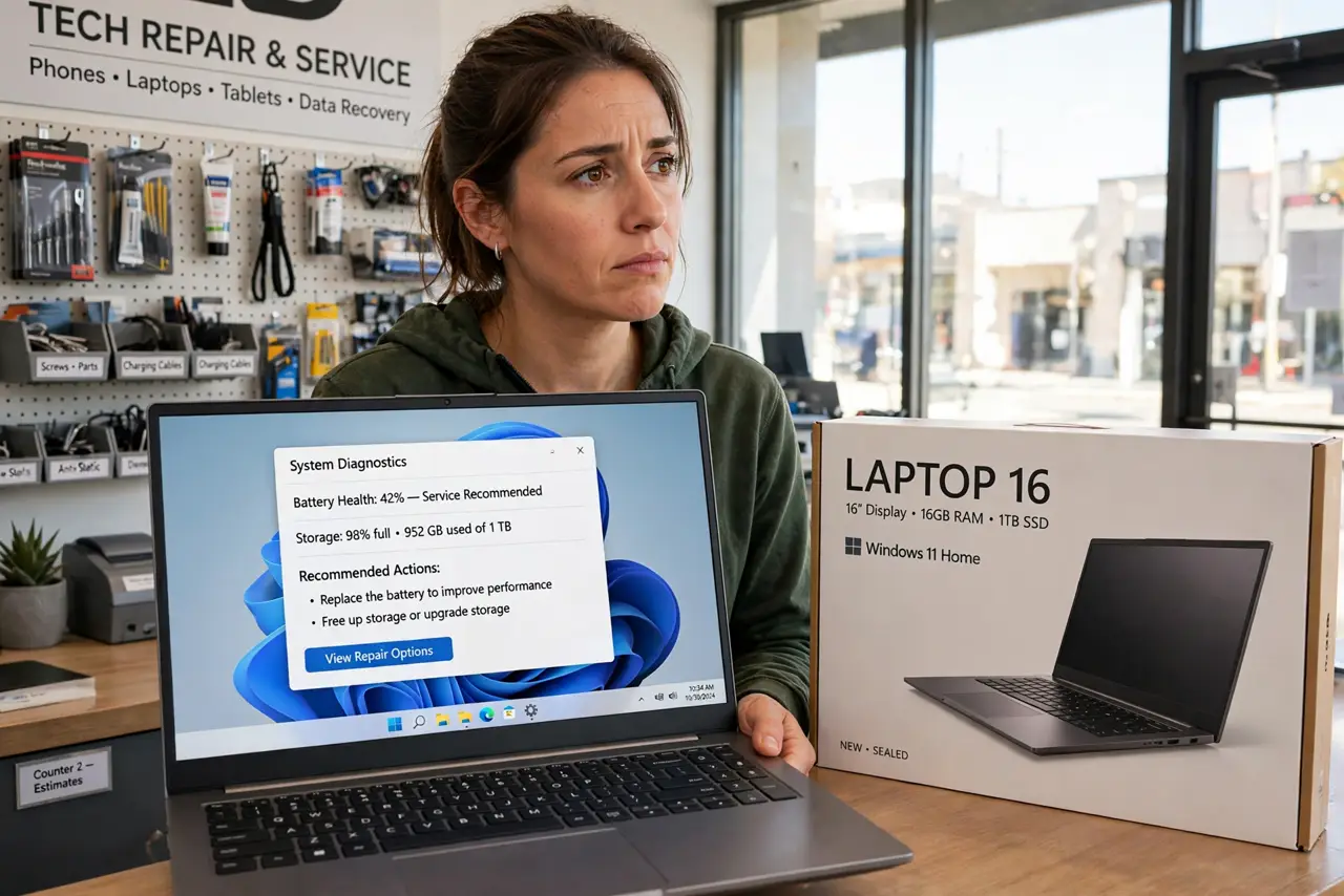 A person at a repair shop counter holding a real laptop, looking between it and a new laptop box, the person's face weighing the decision, bright shop.