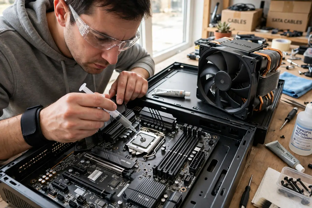 A person carefully applying thermal paste to a real CPU in an open PC case on a workbench, the motherboard and cooler visible, the person's face concentrated…