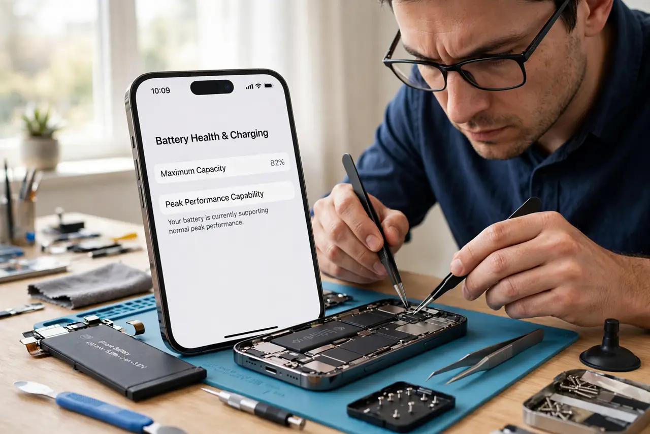 A person repairing a real smartphone on a desk with small tools and a replacement battery nearby, the person's face determined, bright room.