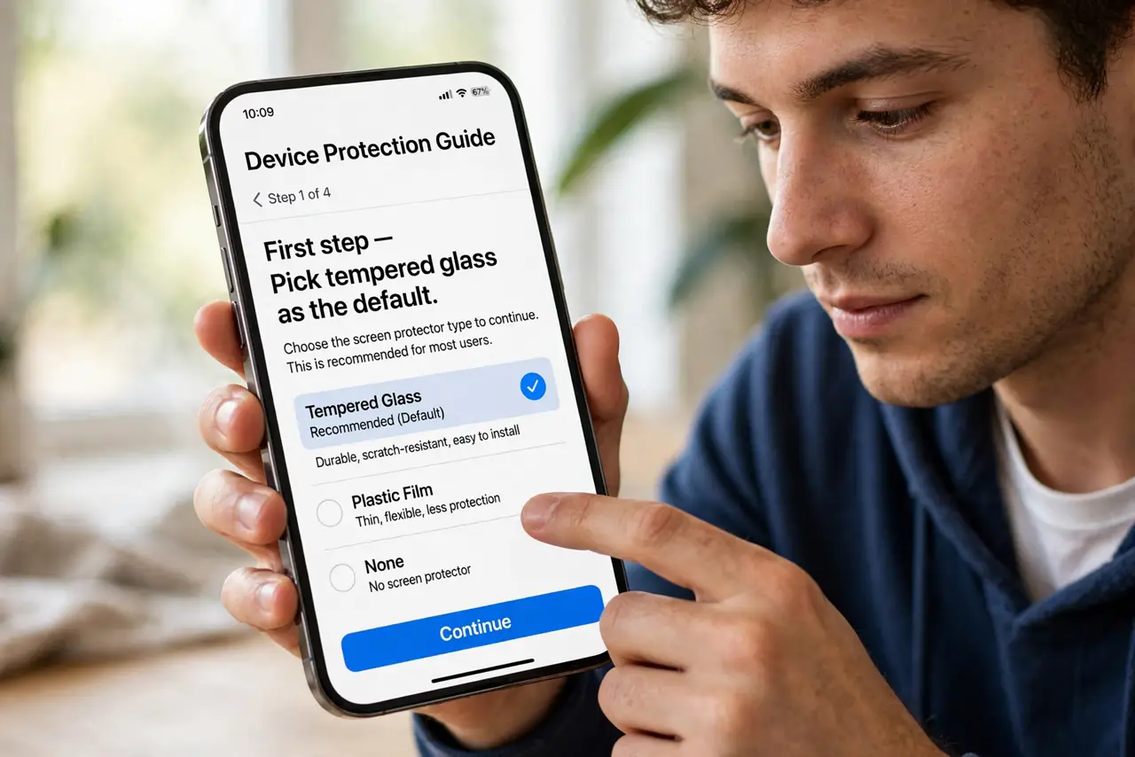A person doing the guide's first step: Pick tempered glass as the default.