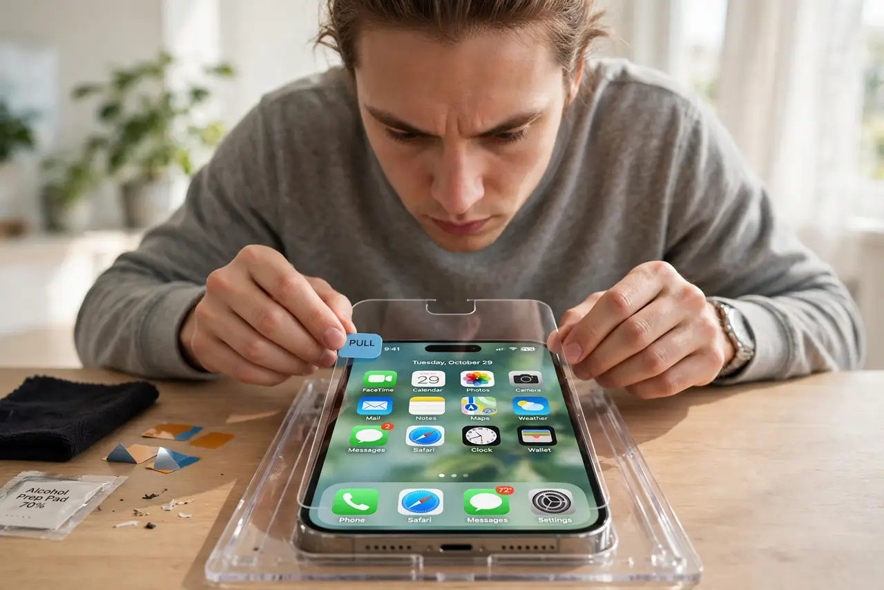 A person applying a real tempered glass screen protector to an iPhone on a desk, alignment frame visible, the person's face concentrated, bright room.
