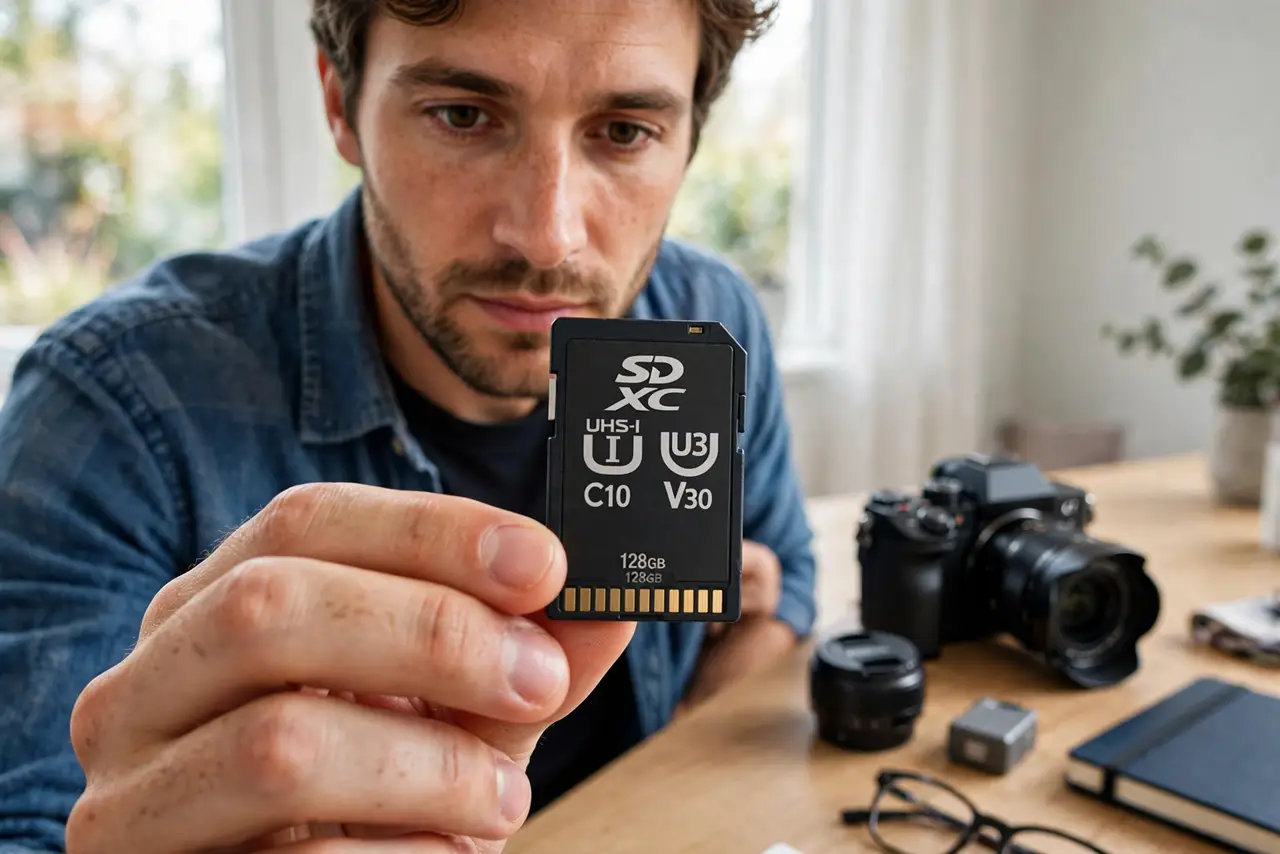 A person holding a real SD card close to the camera showing its legible speed class symbols, a real camera on the desk behind, the person's face focused, bright room.