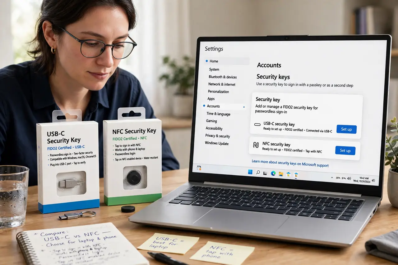 Photoreal photo of a person performing the first step: Get a FIDO2-certified key. Look for the FIDO2 label and a connector matching your devices (USB-