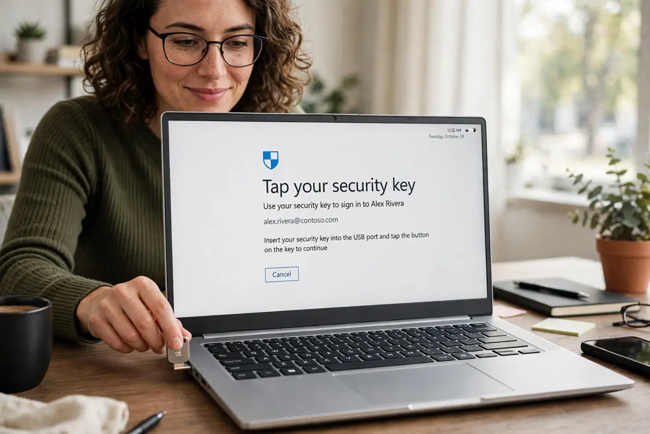 Photoreal photo: a person tapping a real hardware security key on a real laptop during login, the laptop screen showing a legible 'tap your security key' prompt, the person's face confident, desk setup. No black screen, no blank white