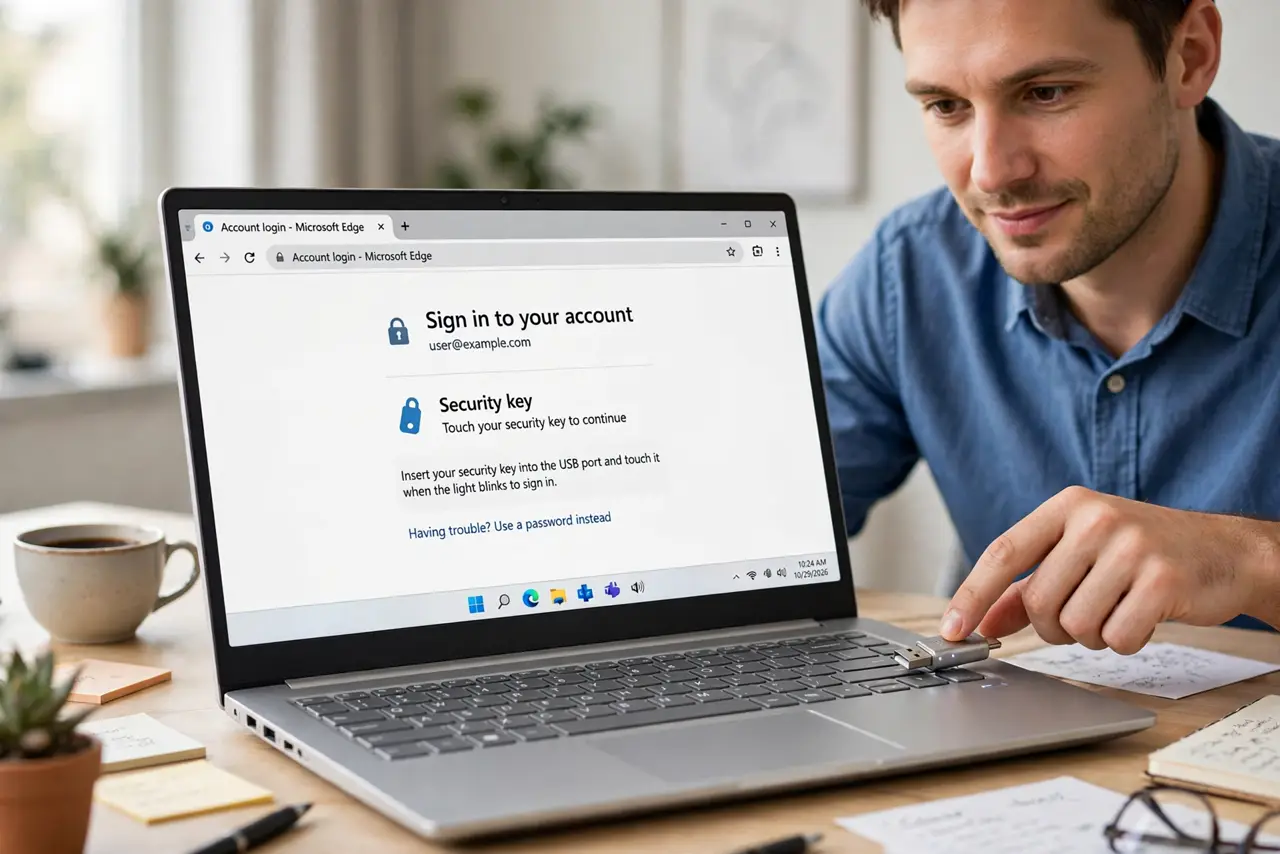 a person tapping a small real USB security key plugged into a real laptop during a login, the browser showing a security key prompt, the person's face confident, bright desk. No bl.