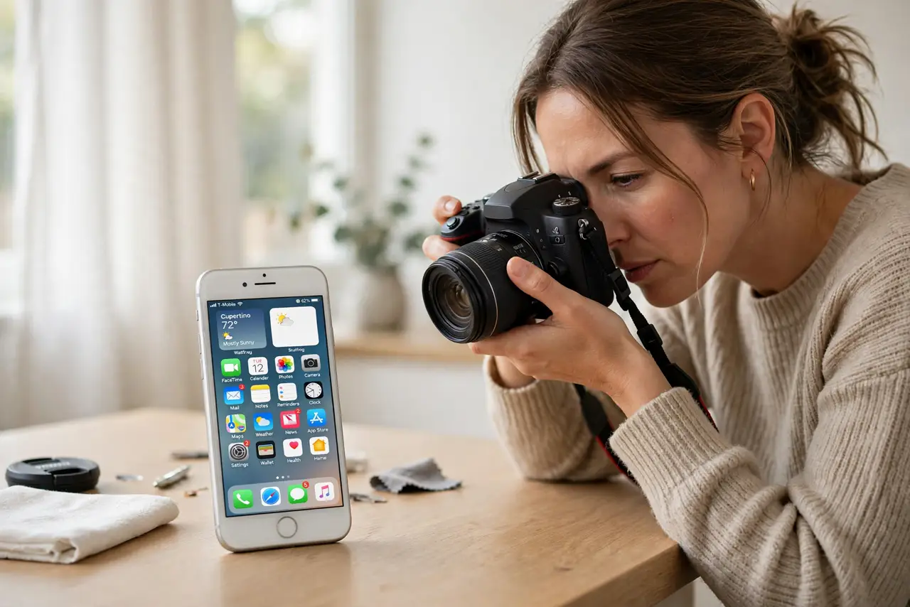 A woman photographing an older smartphone on a clean table with soft window light, the phone screen showing the home screen legibly, her face focused, selling…