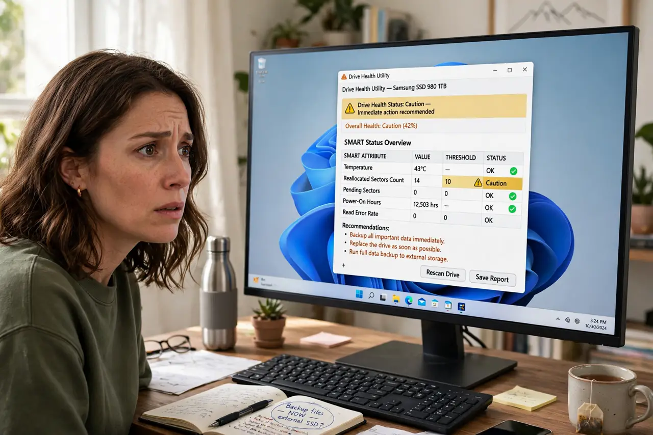 A person looking at a real monitor showing a drive health utility with legible SMART status indicators, the person's face concerned, home office.