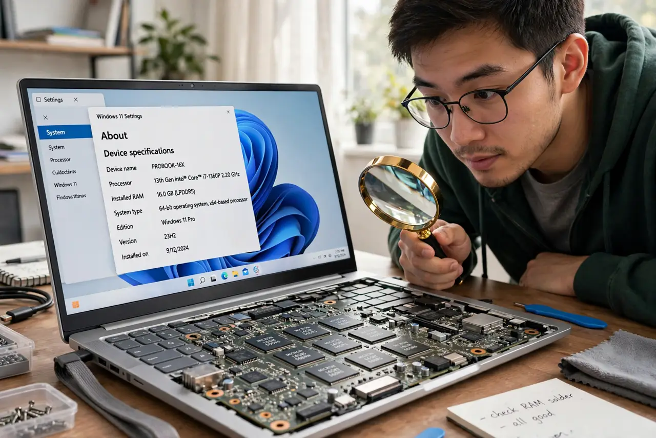 A person looking closely at a real laptop motherboard with memory chips visibly soldered on, a magnifying glass in hand, the person's face intrigued, bright desk light.