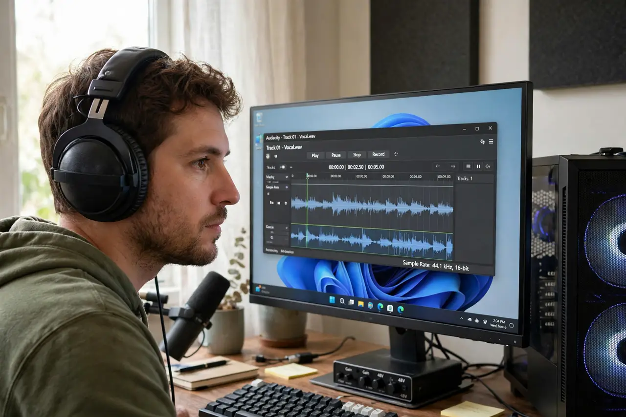 A person at a desk wearing real headphones, a real desktop PC beside a monitor showing audio software with legible waveforms, the person's face focused, home…