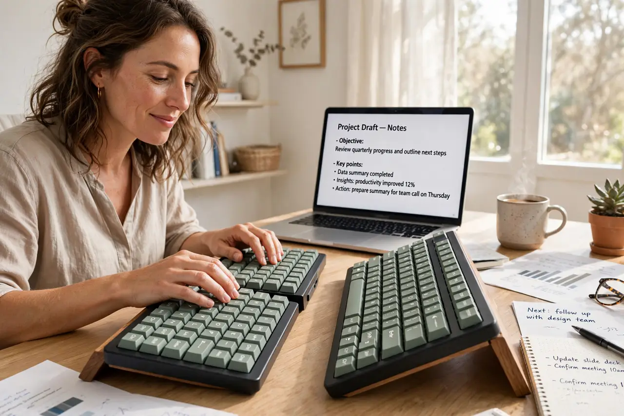 A person typing on a real split keyboard with two separate halves tented on a desk, wrists straight and relaxed, the person's face comfortable, bright home…