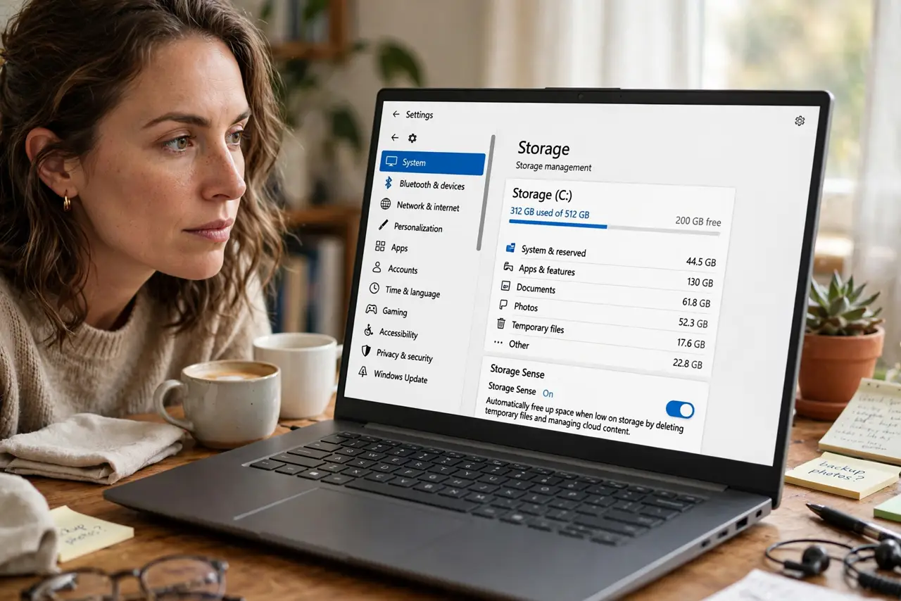 A person looking at a real Windows laptop screen showing a legible storage settings page with a capacity bar, the person's face thoughtful, home desk.