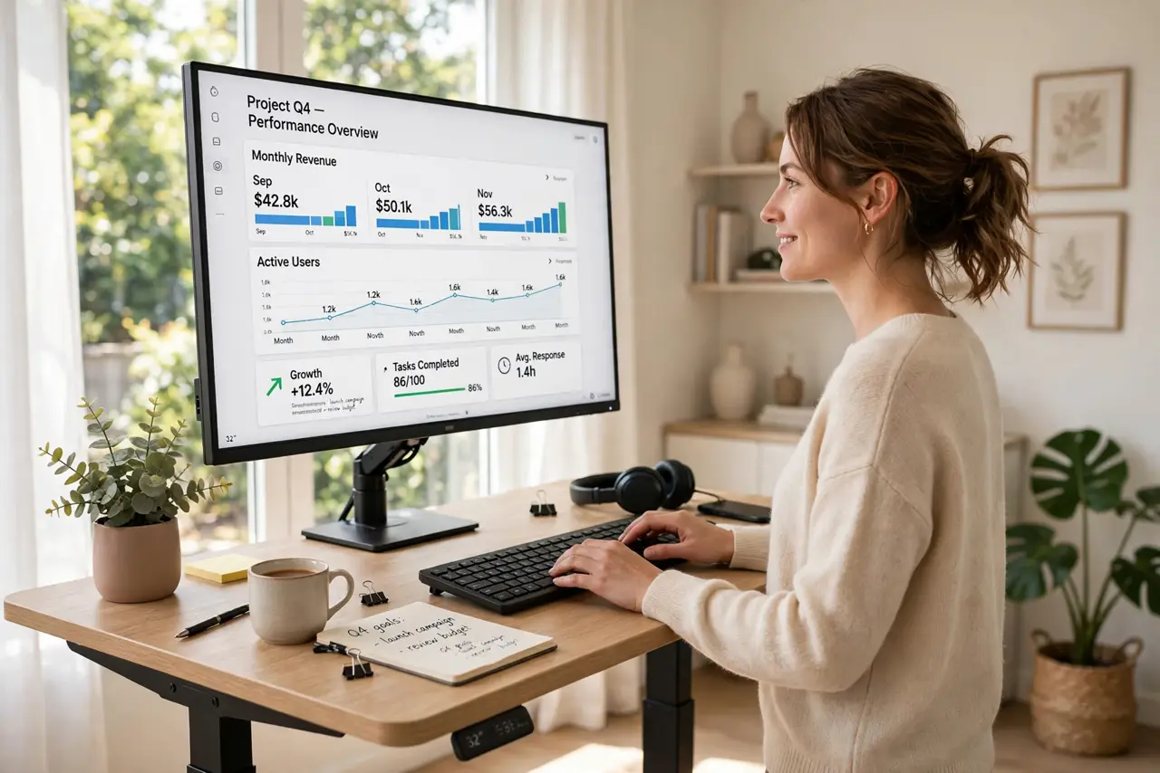 Photoreal photo: a person standing and working at a real raised standing desk with a real monitor at eye level, the person's face relaxed and energized, bright home office. No black screen, no blank white screen, no fake or garbled sc
