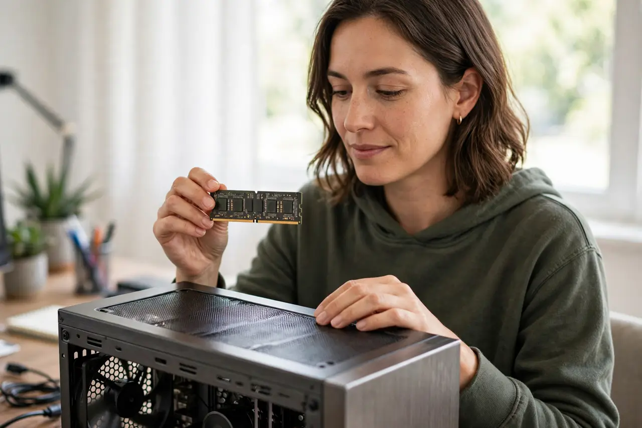A person touching a real metal PC case with one hand while holding a RAM stick in the other, the person's face calm and unhurried, bright room.