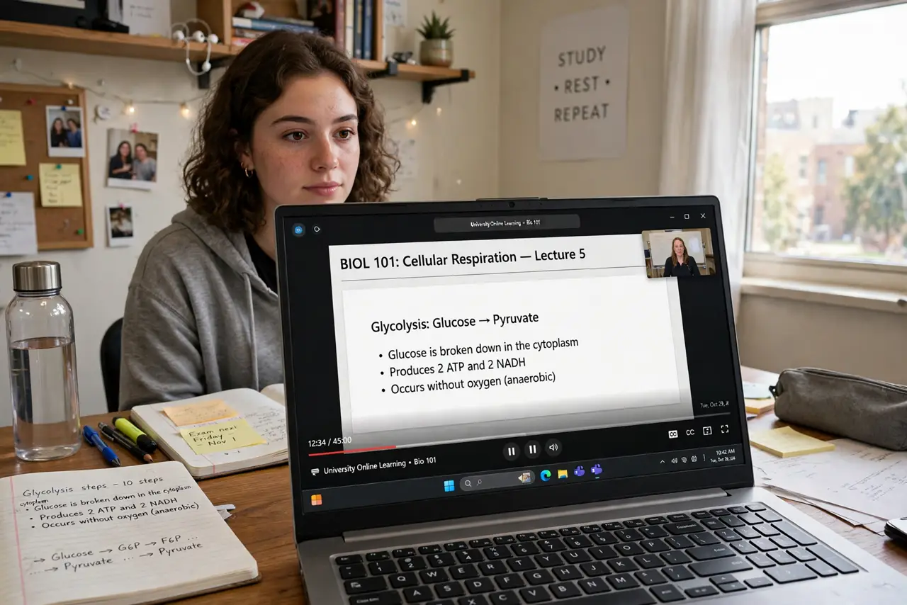 A student at a real desk with a real laptop showing a legible video class on screen, notebooks beside it, the student's face attentive, dorm room.
