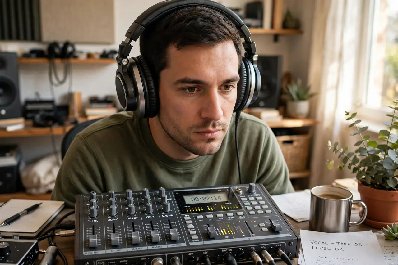 A person wearing real over-ear studio headphones at a desk with a real audio mixer, the person's face focused and listening intently, home studio with warm…