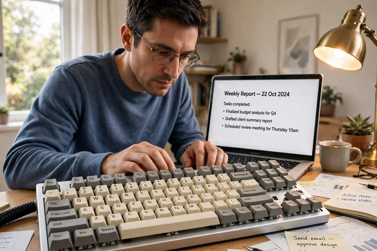 A person typing on a real mechanical keyboard with visible keycaps, the person's face focused, home office with warm desk lamp.
