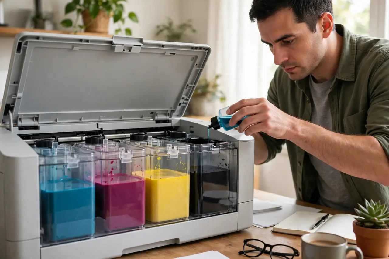 A person refilling a real ink tank printer from a small ink bottle, ink levels visible through the tank window, the person's face careful and focused, home office desk.