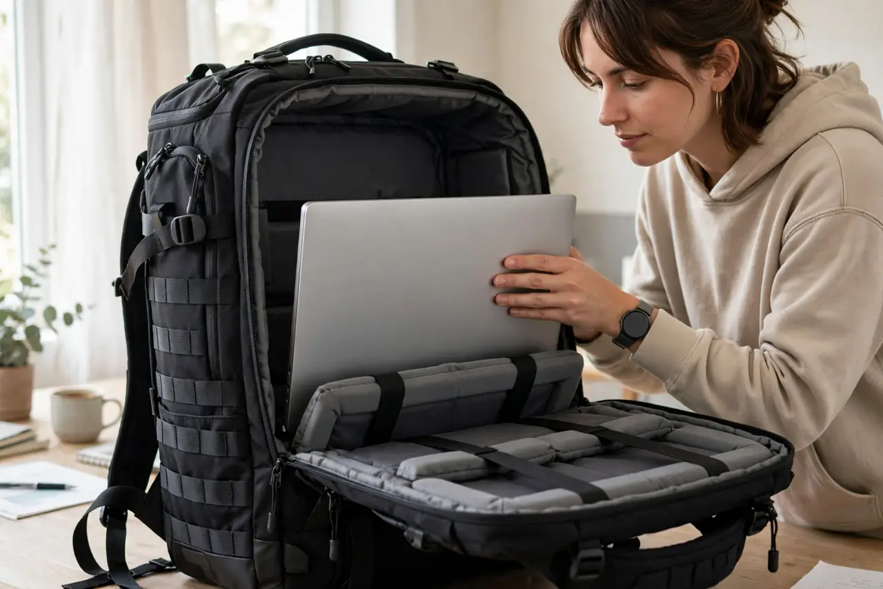 Photoreal photo of a person performing the first step: Prioritize the laptop compartment. It should be padded, suspended off the bag's bottom, and siz