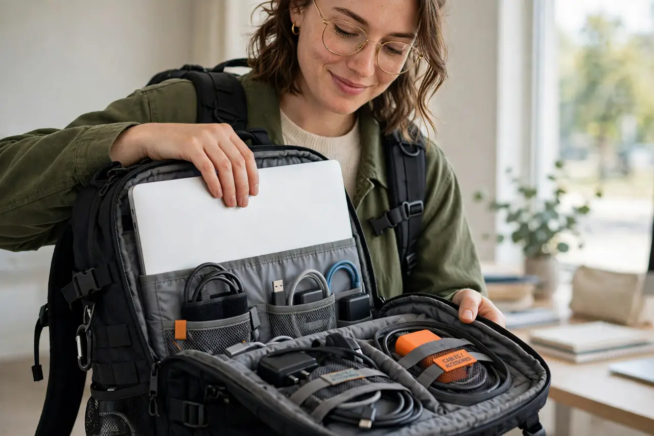 Photoreal photo: a person wearing a real tech backpack with a real laptop sliding into the padded compartment, cable organizer pockets visible, the person's face pleased, bright room. No black screen, no blank white screen, no fake or