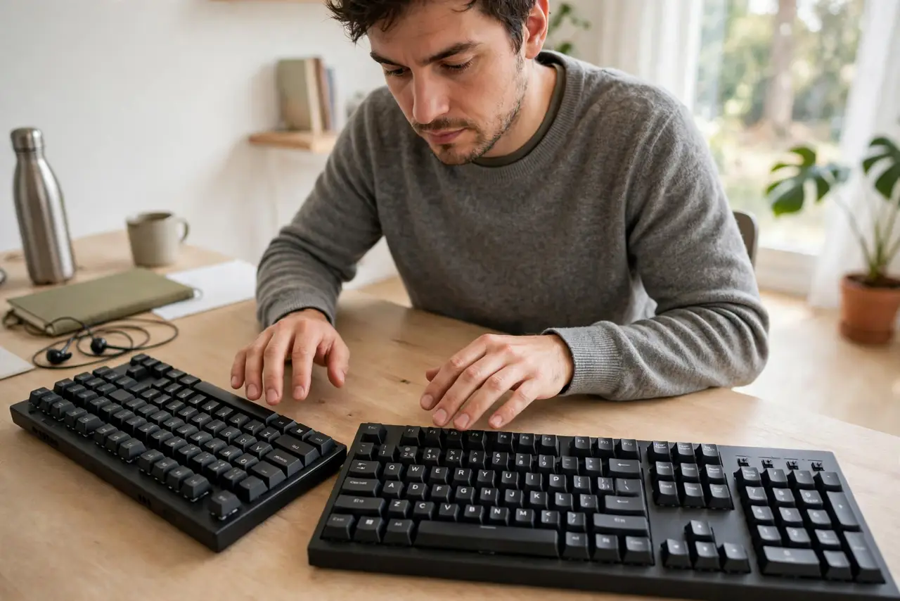 A person at a desk with a real tenkeyless keyboard and a full-size keyboard side by side for comparison, the person's hands hovering, face thoughtful, bright room.