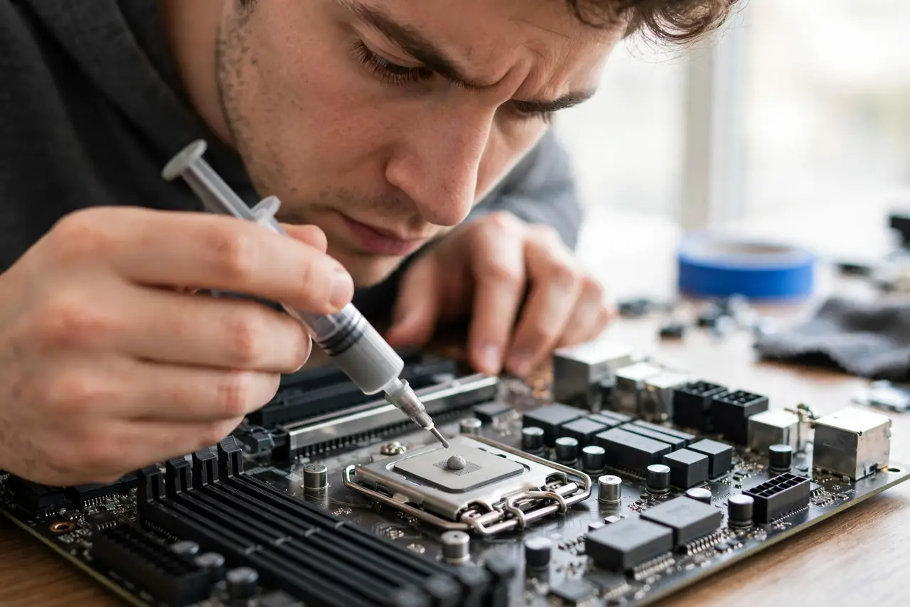 A person applying a small pea-sized dot of thermal paste to a real CPU installed in a motherboard, the person's face concentrated, close-up bright desk shot.
