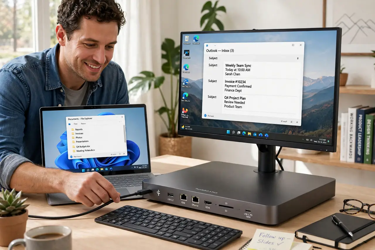 A person plugging a single real cable from a real laptop into a real Thunderbolt dock on a clean desk, with a real monitor showing a legible desktop, the…