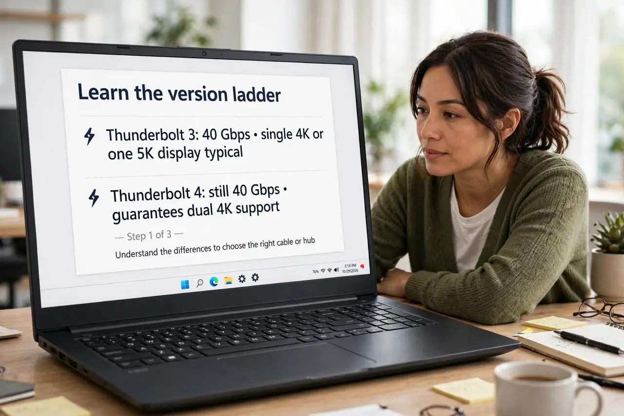 Photoreal photo of a person performing the first step: Learn the version ladder. Thunderbolt 3: 40 Gbps, single 4K or one 5K display typical. Thunderbolt 4: still 40 Gbps, but guarantees dual 4K support, 3...