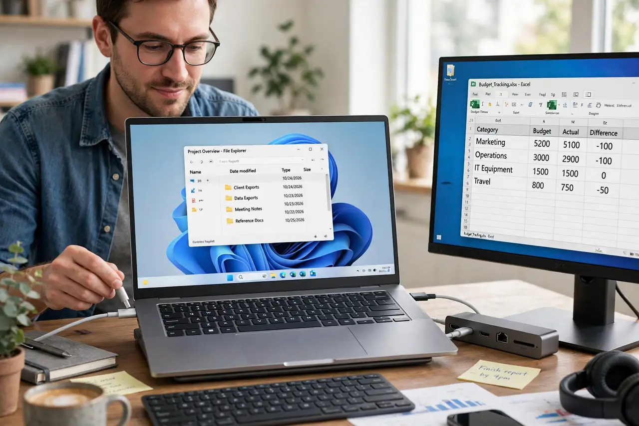 Photoreal photo: a focused person at a desk connecting a real Thunderbolt cable to a laptop dock with a monitor showing a legible desktop, the person's face concentrated. No black screen, no blank white screen, no fake o