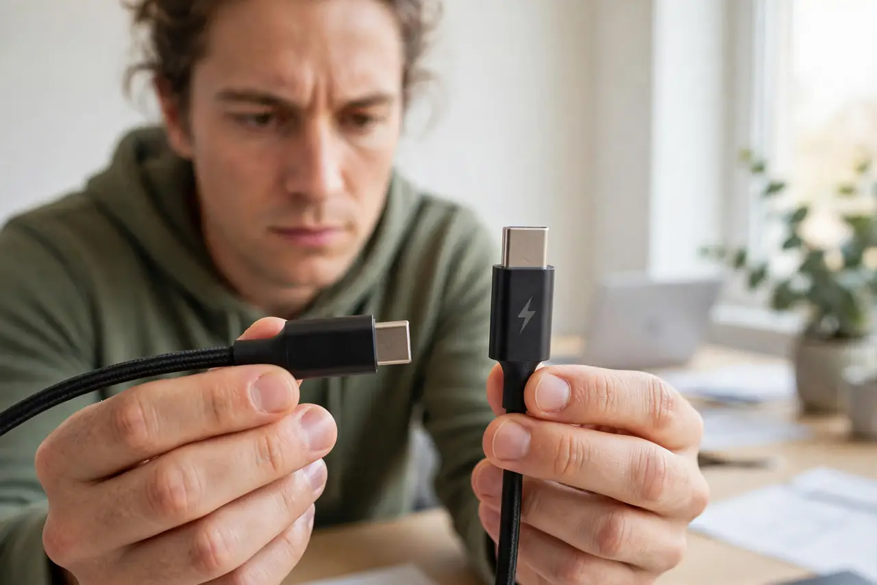 A person holding two real USB-C cables side by side, one with a legible lightning-bolt Thunderbolt logo on the connector, comparing them closely, the person's face focused, bright desk.