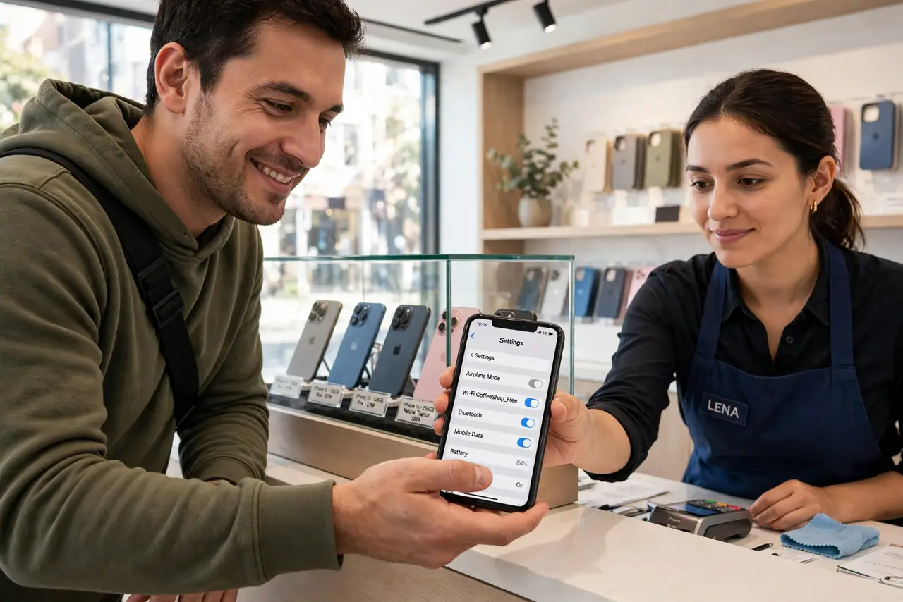 A man handing an older smartphone across a store counter to a clerk, the store bright and modern, the man's face satisfied, new phones displayed behind glass.