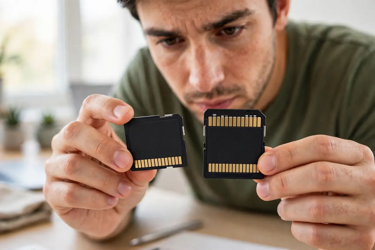 A person holding two real SD cards showing their back sides with one row vs two rows of gold pins clearly visible, comparing them, the person's face focused, bright desk.