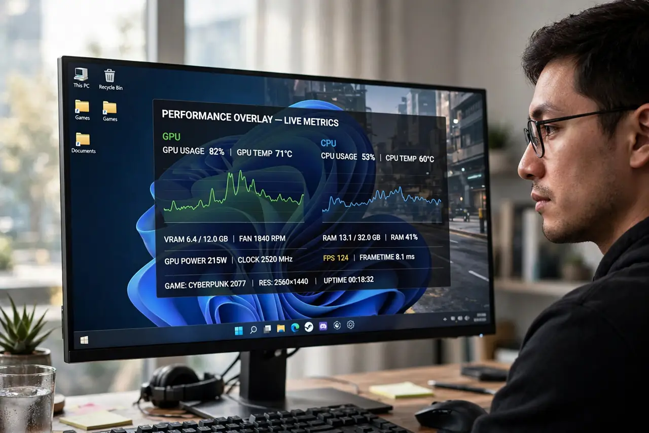 A person looking at a real monitor showing a performance overlay with legible GPU and CPU usage graphs during a game, the person's face analytical, room with soft light.
