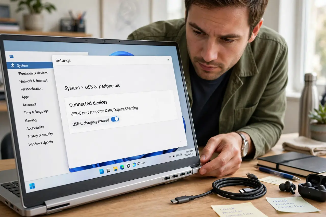 A person inspecting the USB-C ports on the side of a real laptop, a monitor cable nearby, the person's face curious and focused, desk.
