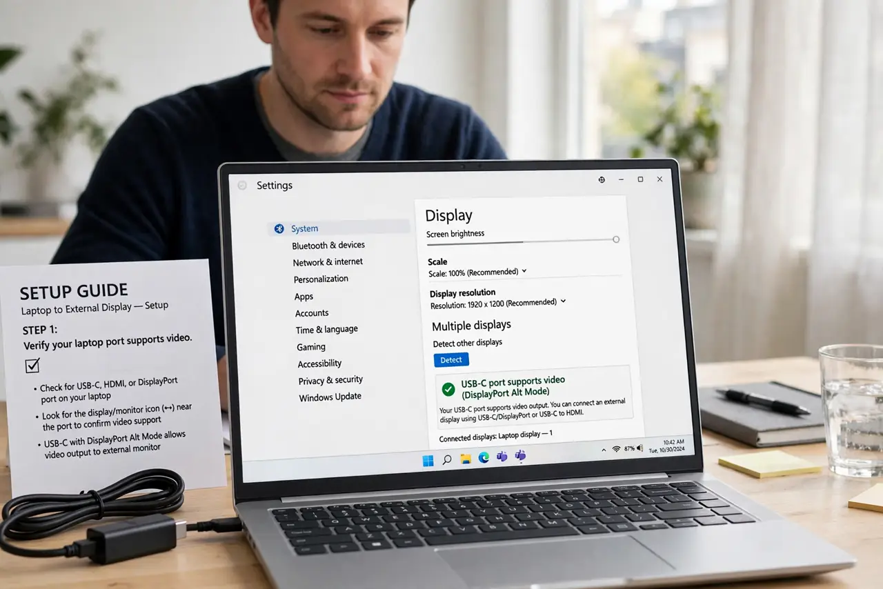 A person doing the guide's first step: Verify your laptop port supports video.
