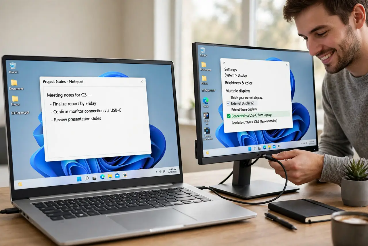 A person plugging a single real USB-C cable from a real laptop into a real monitor on a clean desk, the monitor showing a desktop with legible windows, the person's face satisfied, minimal setup.