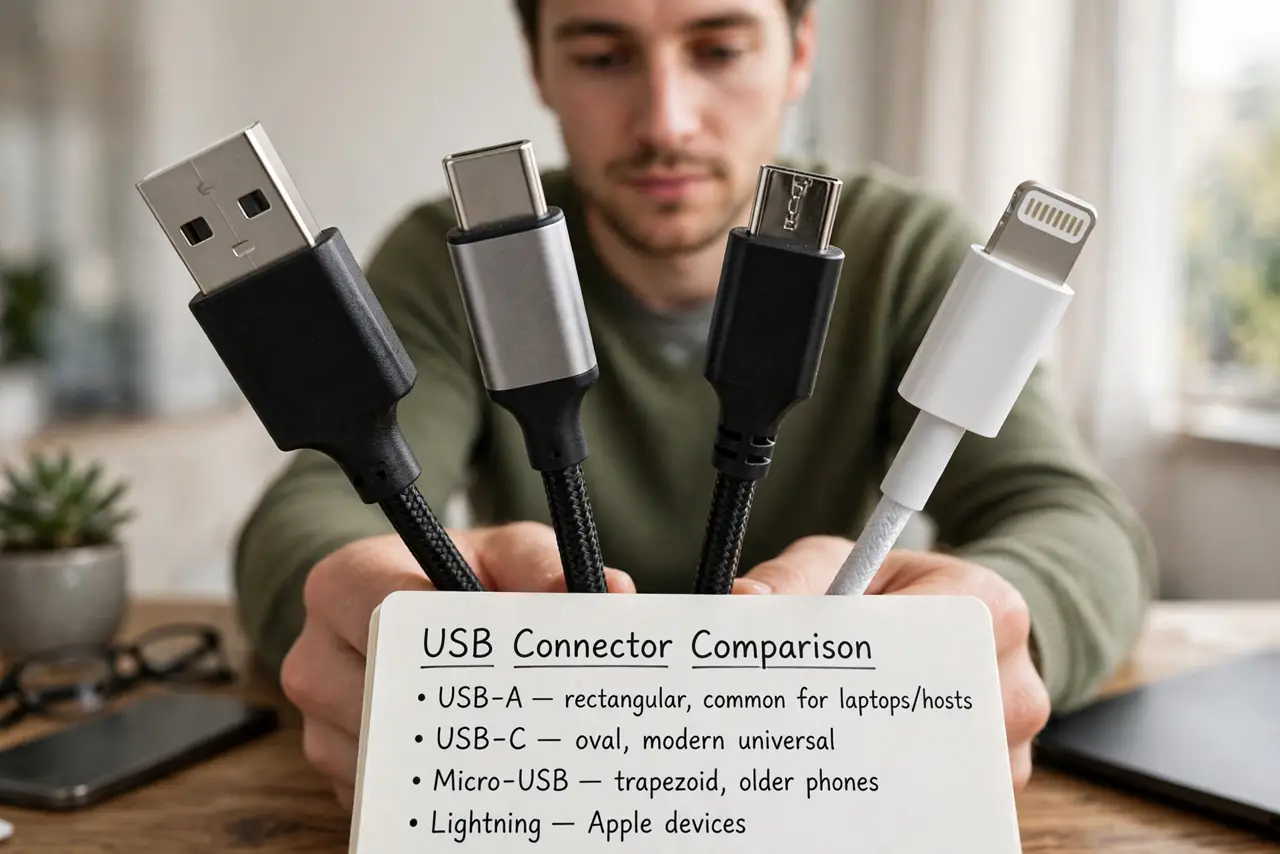 Photoreal photo of a person performing the first step: Learn the connector shapes. USB-A is the classic rectangle, USB-C is the small reversible oval, micro-USB is the tiny trapezoid on old phones, and Lig...