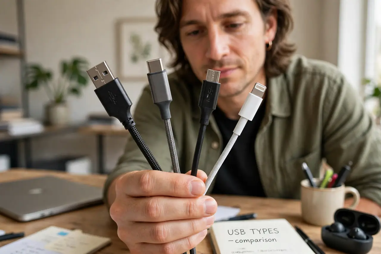 Photoreal photo: a person at a desk holding up several real USB cables with clearly different connectors (USB-A, USB-C, micro-USB, Lightning), the cables neatly arranged and identifiable, the person's face focused and co