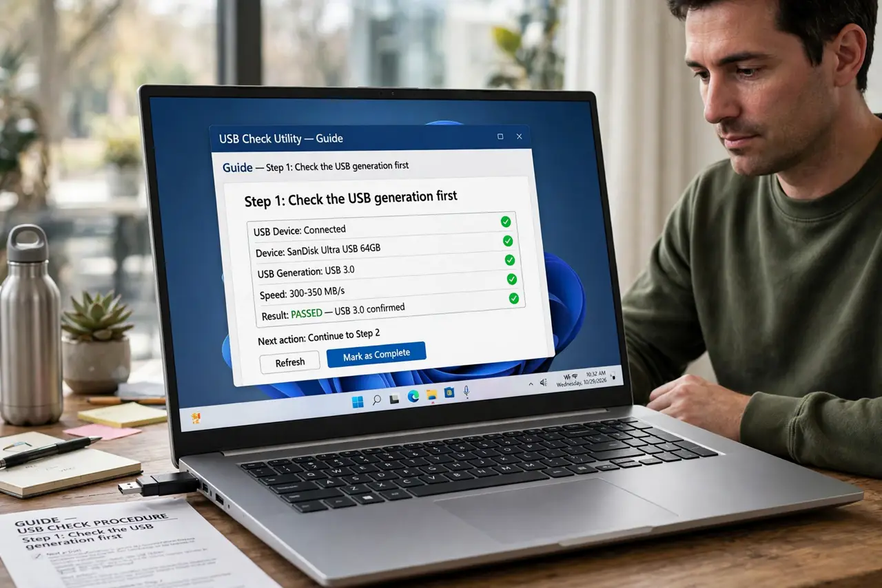 A person doing the guide's first step: Check the USB generation first.