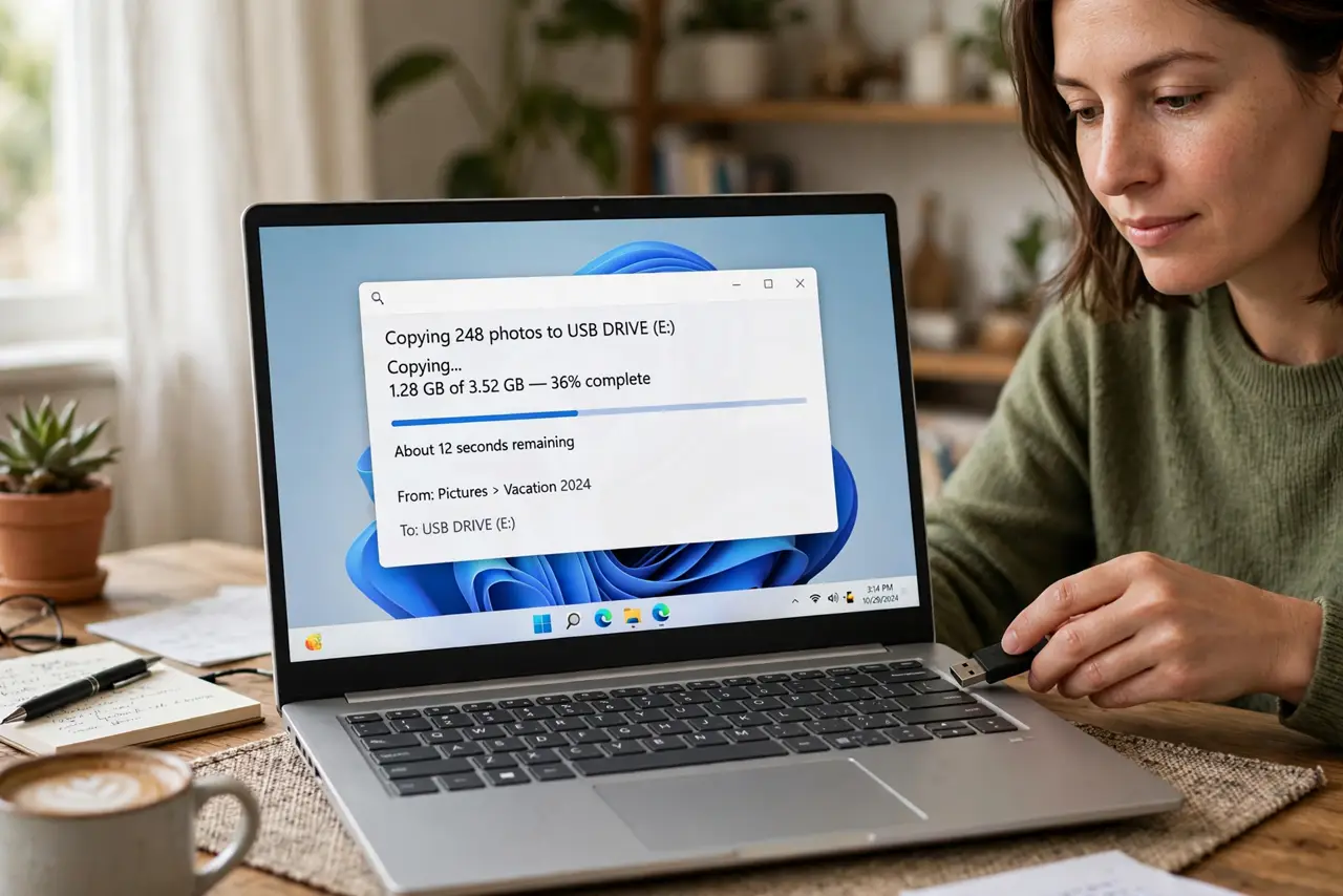 A person plugging a real USB flash drive into a real laptop, the laptop screen showing a legible file copy progress window, the person's face patient, home desk.