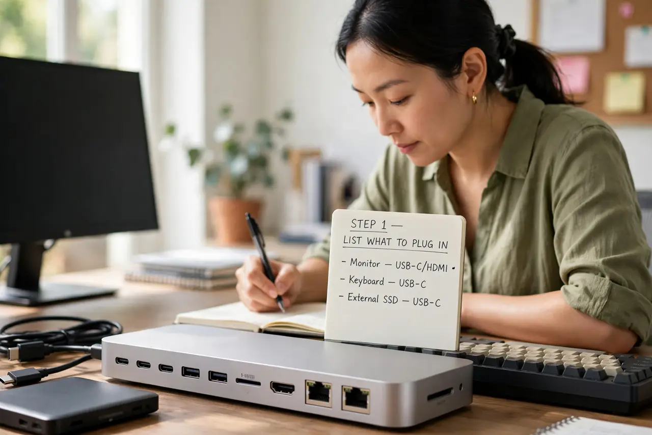 A person carrying out step one: list what you need to plug in.