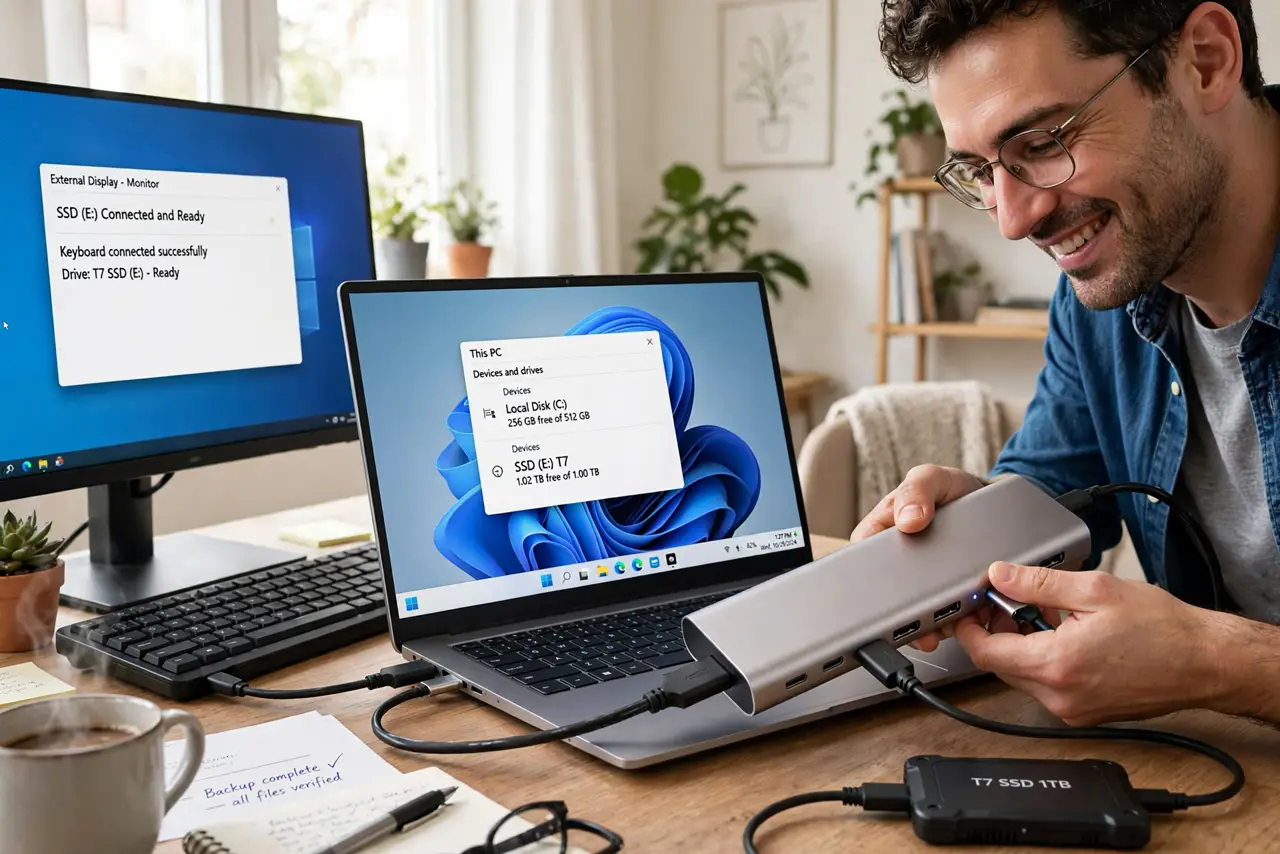 A person at a desk plugging a real USB-C hub into a real laptop, with a real monitor, keyboard, and drive connected to the hub, the person's face satisfied,…