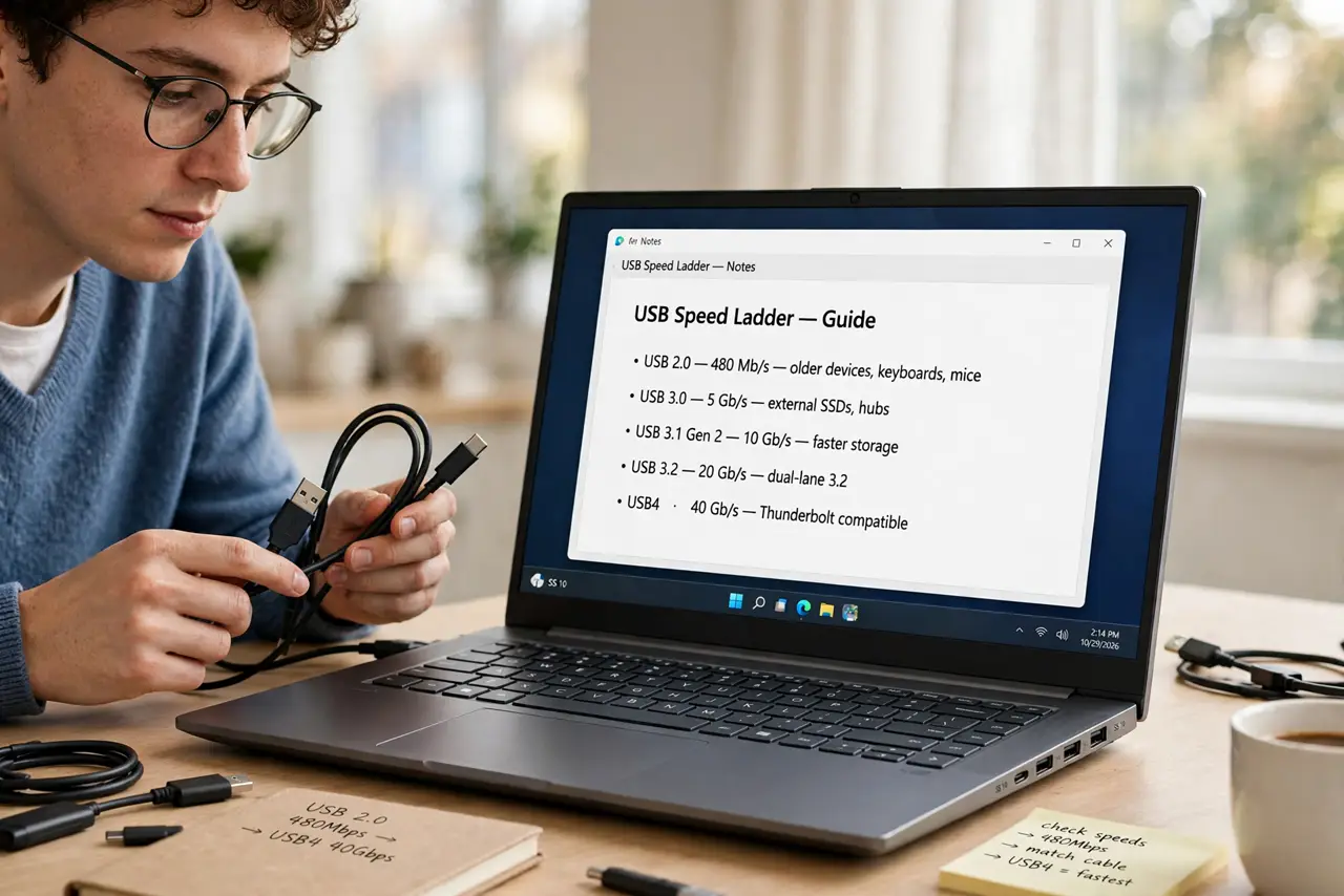 Photoreal photo of a person performing the first step: Learn the speed ladder. USB 2.0 moves 480 Mbps — fine for a mouse, painful for a backup. USB 3.x ranges from 5 to 20 Gbps depending on the generation....