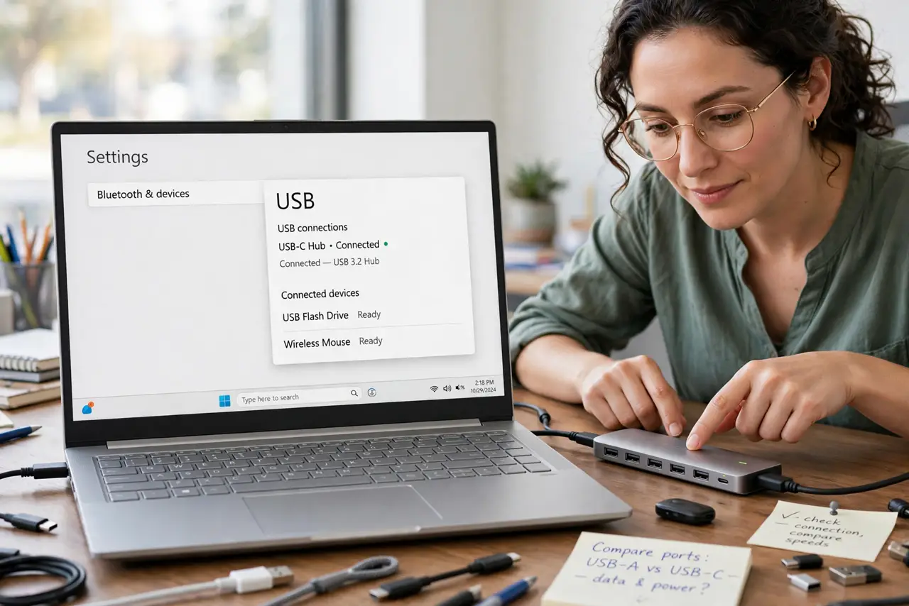 Photoreal photo: a person at a desk comparing real USB ports on a laptop and a hub, pointing at the ports with a focused expression, a mix of real cables nearby, face curious. No black screen, no blank white screen, no f