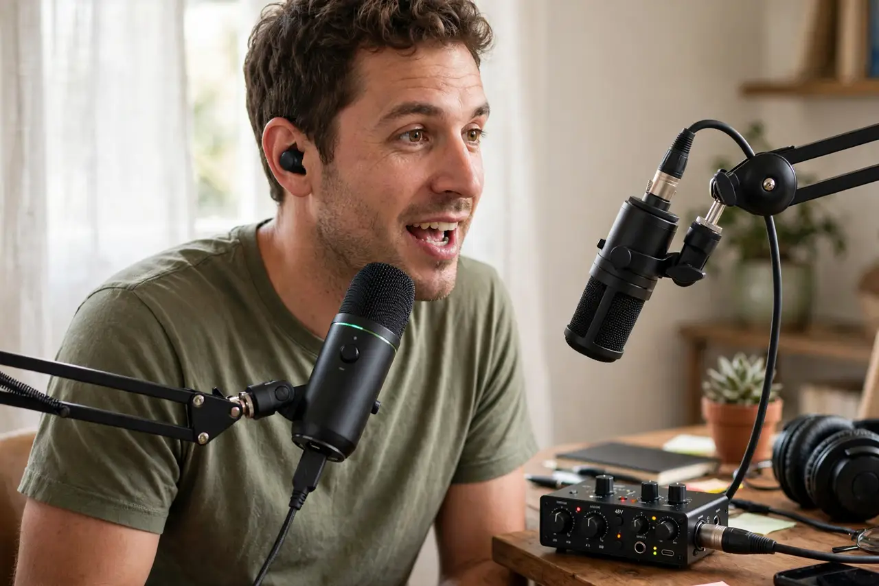 A person speaking into a real USB microphone on a desk arm next to an XLR microphone connected to a small audio interface with visible knobs, the person's face engaged, home studio corner.