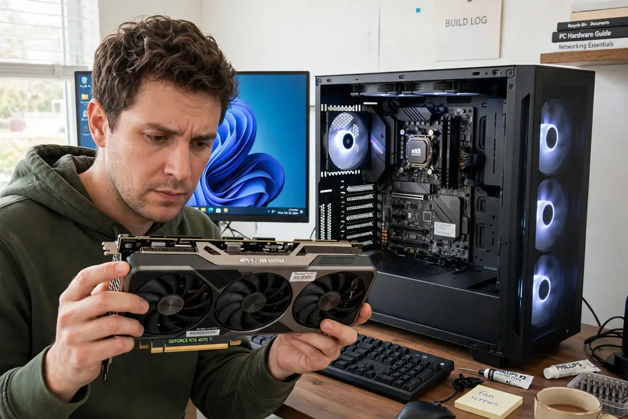 A person holding a real graphics card up for inspection, looking at the fans and backplate closely, a real PC case open on the desk behind, the person's face focused, bright room.