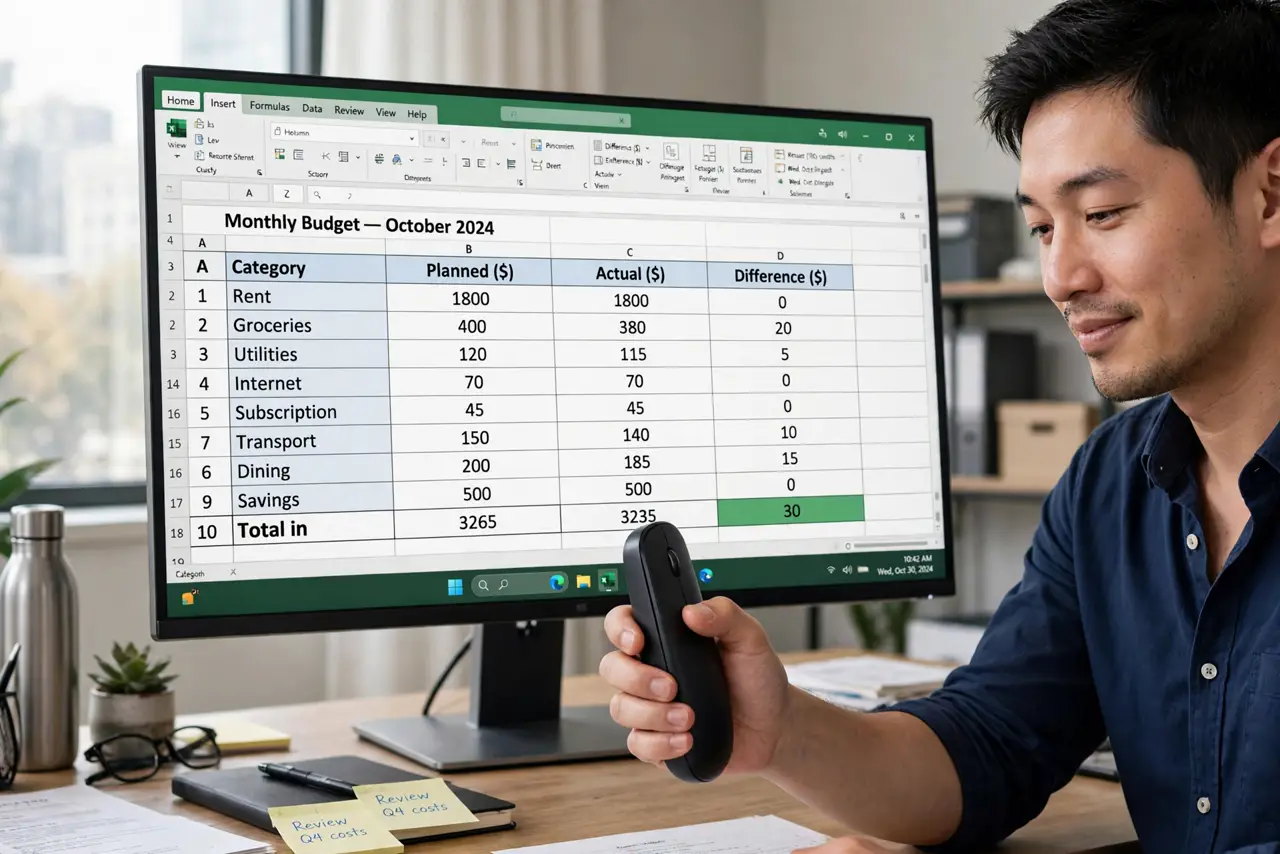 A person holding a real vertical mouse in a handshake grip on a desk, wrist straight and neutral, a monitor with a spreadsheet visible, the person's face comfortable, office light.
