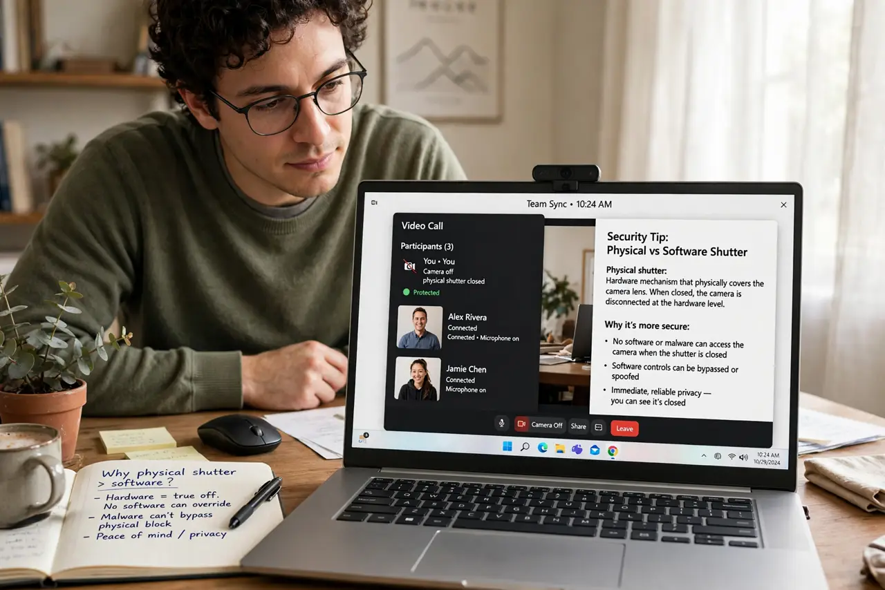 Photoreal photo of a person performing the first step: Understand why a physical cover beats software. Software can lie — malware can activate a camer