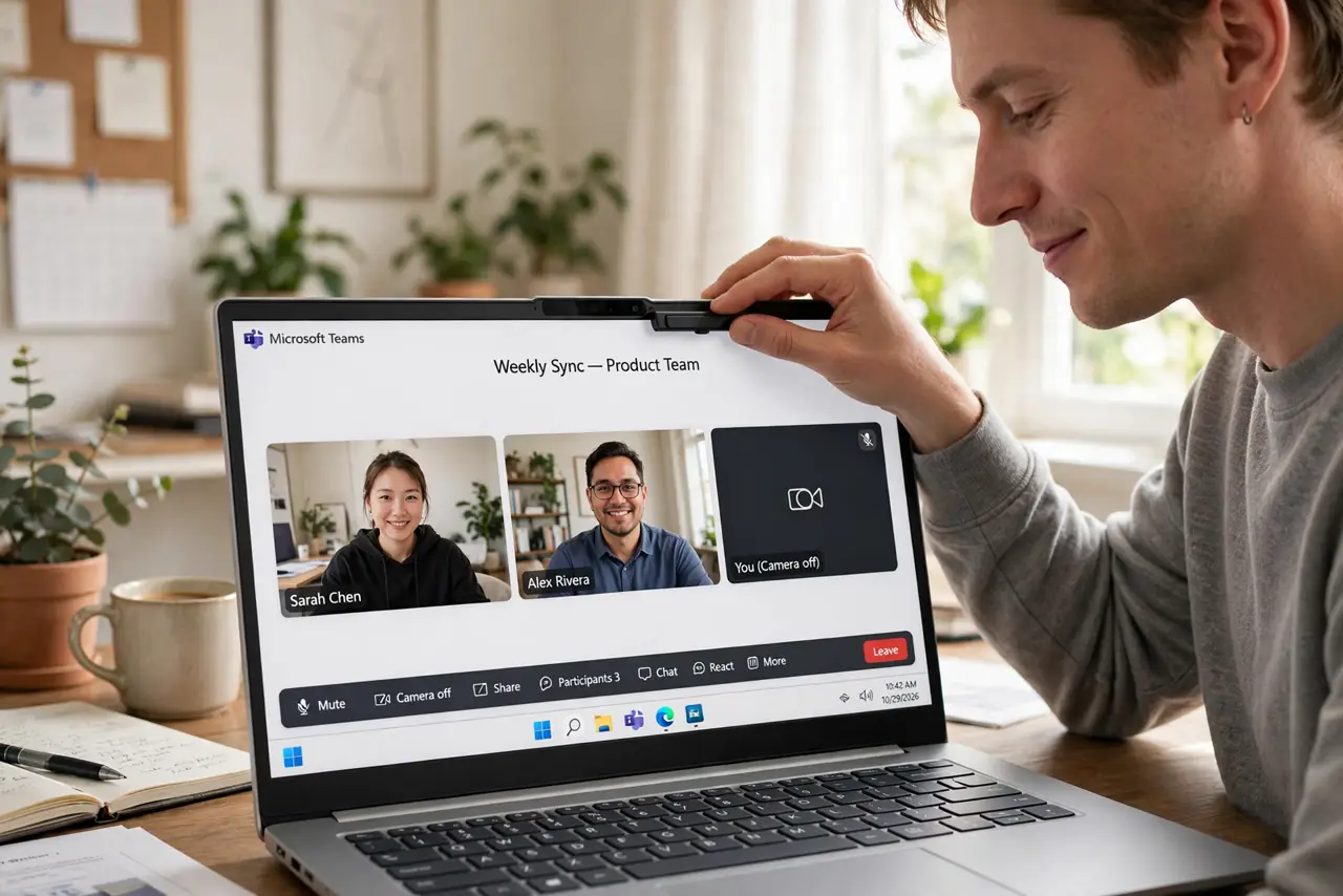 Photoreal photo: a person sliding a small shutter closed over a real laptop webcam, the laptop screen showing a video call app with legible controls, the person's face reassured, home office. No black screen, no blank white screen, no
